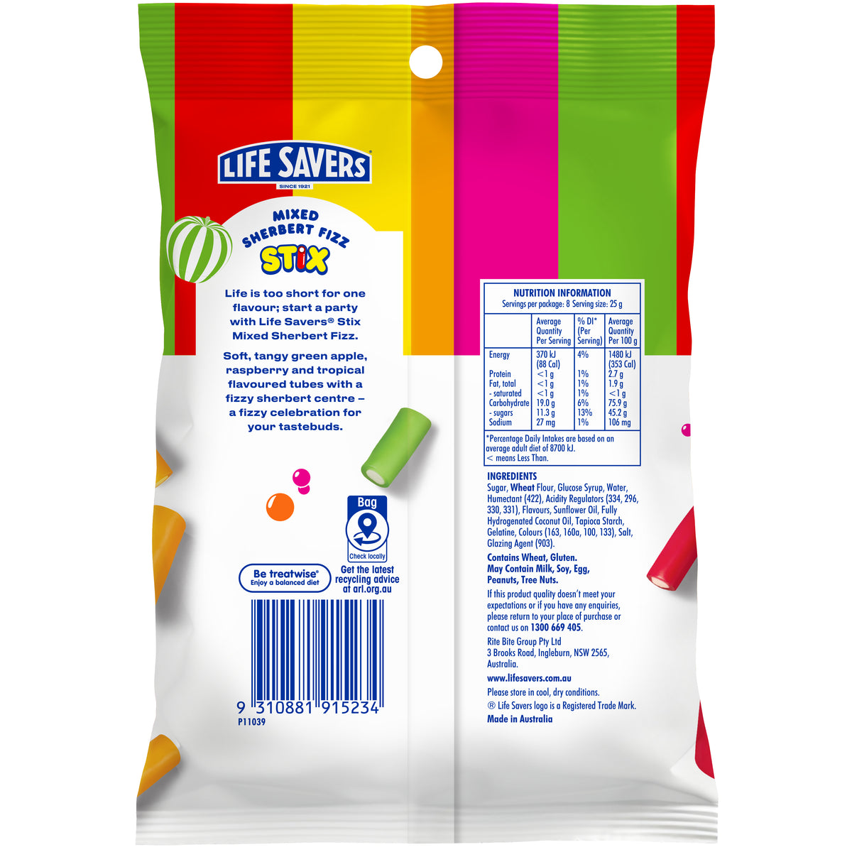 Life Savers Stix Sherbet Fizz Mixed 12 x 200g
